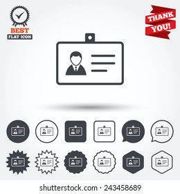 ID card sign icon. Identity card badge symbol. Circle, star, speech bubble and square buttons. Award medal with check mark. Thank you ribbon. Vector