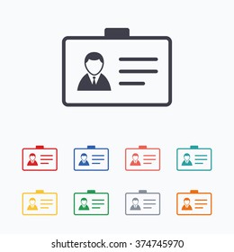 ID card sign icon. Identity card badge symbol. Colored flat icons on white background.