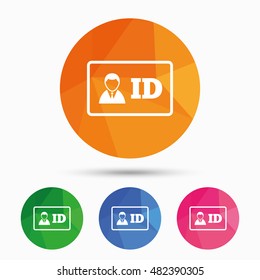 ID card sign icon. Identity card badge symbol. Triangular low poly button with flat icon. Vector