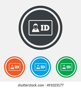 ID card sign icon. Identity card badge symbol. Graphic design web element. Flat iD card symbol on the round button. Vector