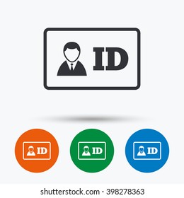 ID card sign. Identity card badge symbol. Flat icons in circles. Round buttons for web.