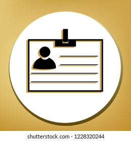Id card sign. Vector. Black icon with light brown shadow in white circle with shaped ring at golden background.