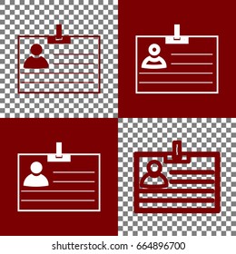 Id card sign. Vector. Bordo and white icons and line icons on chess board with transparent background.
