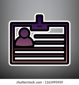 Id card sign. Vector. Violet gradient icon with black and white linear edges at gray background.