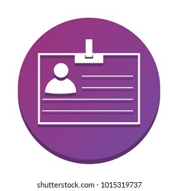 Id card sign. Vector. White icon with flat shadow on purpureus circle at white background. Isolated.