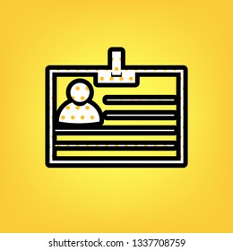 Id card sign. Vector. Yellow polka dot white icon with black contour at warm yellow background.