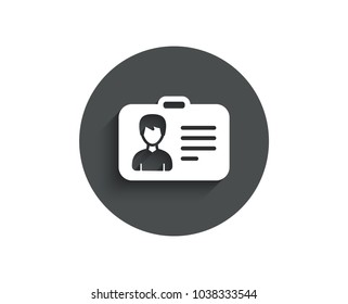 ID card simple icon. User Profile sign. Male Person silhouette symbol. Identification plastic card. Circle flat button with shadow. Vector