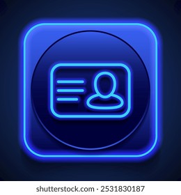 Id card simple icon vector. Flat design. Blue neon style on button. With shadow.ai