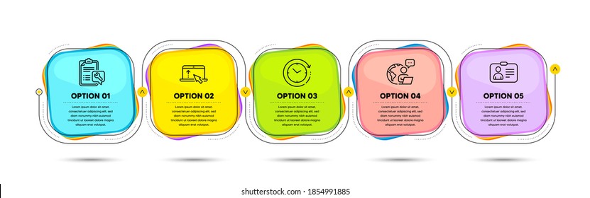 Id card, Swipe up and Spanner line icons set. Timeline process flowchart. Time change sign. Human document, Scroll screen, Repair service. Clock. Technology set. Infographics timeline banner. Vector