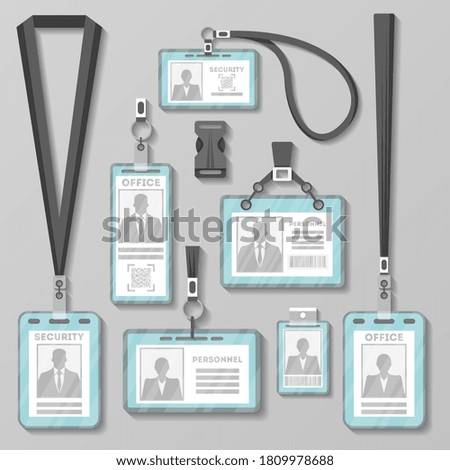 ID card template set. Isolated business ID badge with lanyard and holder icon. Identity access card, company event pass collection. Identification vector illustration