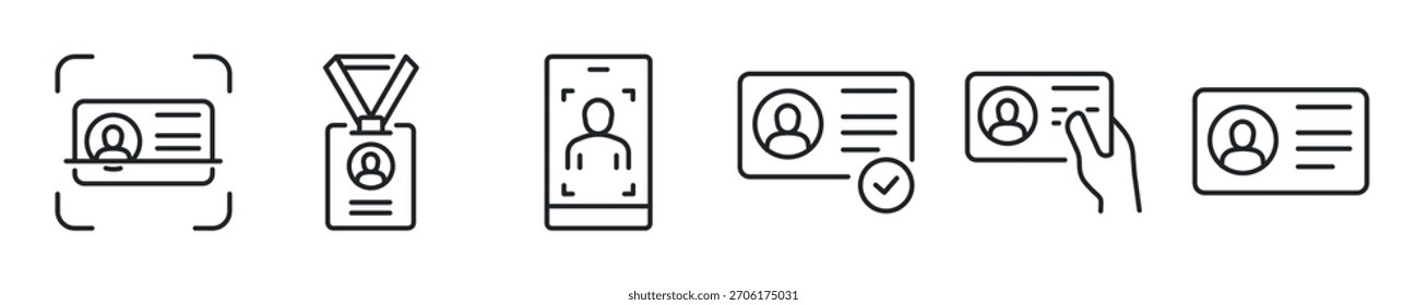 Conjunto de iconos de línea delgada de tarjeta de identificación. Iconos mínimos de Web