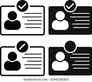 Conjunto de ícones de marca de escala do cartão de identificação. Símbolo de ícone simples de identidade verificada. Cartão de identidade com marca de verificação. Crachá do funcionário
