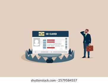 ID card trap businessman. Bear trap and ID card or driver license. Flat vector illustration