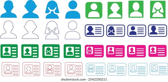 id card vector, user profile icons and avatar symbols in various styles and colors. Simple id card silhouettes, outline profiles, and ID card designs. Ideal for digital identity, contact info