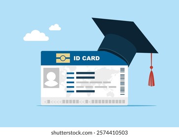 ID card  wearing graduation hat. Isometric Personal business card. Flat vector illustration.