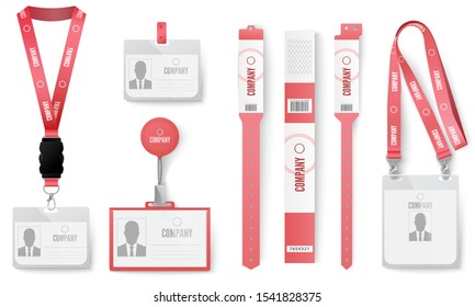 ID cards badges. Red identification badges on lanyard, necklace tag, label cards and event identity labels realistic vector set. Access card, pink realistic iD mockup, paper wristbands