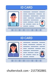 ID cards. Card for young man with black hair and for young woman with black hair. Vector illustration.