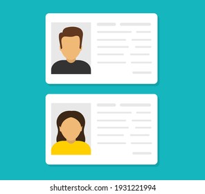 ID cards. Personal info data. Identification document with person photo. User or profile card. Driver's license. Flat style. Vector illustration.