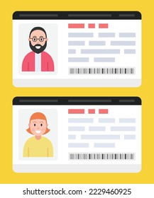 ID cards. Personal info data. Identification document with person photo. Vector.