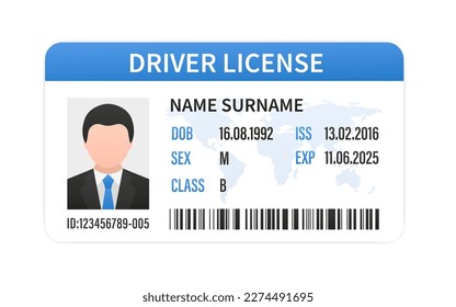 ID cards. Personal info data. Identification document with person photo. User or profile card. Driver's license. Flat style. Plastic card template. Vector illustration