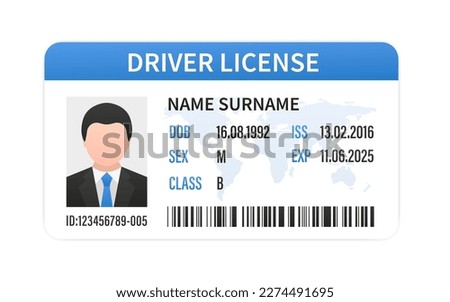 ID cards. Personal info data. Identification document with person photo. User or profile card. Driver's license. Flat style. Plastic card template. Vector illustration
