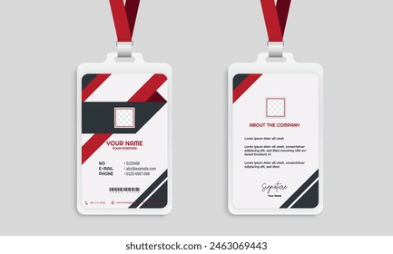 Id cards with red ribbon and lanyard, ideal for corporate or event concept designs, showcasing identity, access, or security themes.