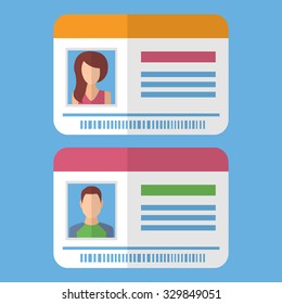 Id cards template with man and woman photo. Vector illustration in flat style