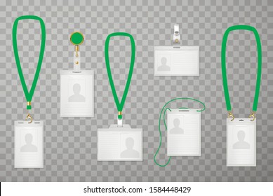 ID cards types vector realistic illustrations set. Identity badge mockups isolated on transparent background. Conference registration tags with green ribbon. Corporate pass labels collection