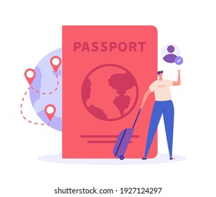 ID document illustration. Couple moving to another country. People with luggage in airport. Concept of international migration, emigration, citizenship, passport. Vector illustration for web design
