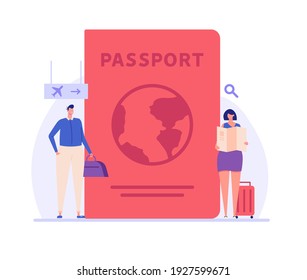 ID document illustration. Couple moving to another country. People with luggage in airport. Concept of international migration, emigration, citizenship, passport. Vector illustration for web design