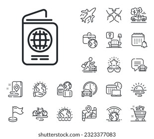 ID document sign. Plane jet, travel map and baggage claim outline icons. Passport line icon. Citizen identity doc symbol. Passport line sign. Car rental, taxi transport icon. Place location. Vector