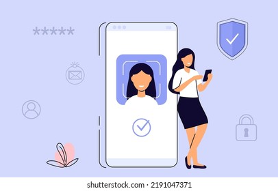 Id face identity Facial recognition technology Biometric identification Face ID system in smartphone app Woman scan faces to verify identity Unlock device Vector illustration concept