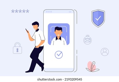 Id face identity Facial recognition technology Biometric identification Face ID system scanning in smartphone Mobile app for face recognition Unlock device Vector illustration concept