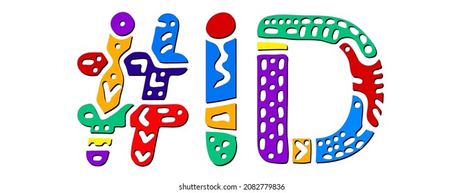 ID Hashtag. Multicolored bright isolate curves doodle letters. Hashtag #ID is abbreviation for the US American state Idaho for social network, web resources, mobile apps.