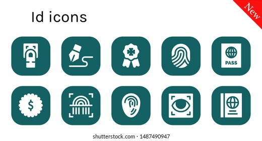 id icon set. 10 filled id icons.  Collection Of - Fingerprint scan, Signature, Badge, Fingerprint, Passport, Eye scan, Passports