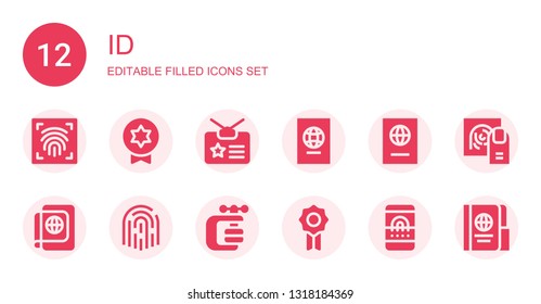 id icon set. Collection of 12 filled id icons included Fingerprint scan, Badge, Identity, Passport, Fingerprint, Vise