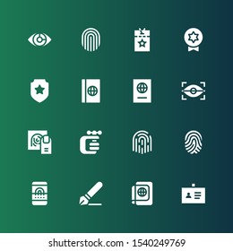 id icon set. Collection of 16 filled id icons included ID, Passport, Signature, Fingerprint scan, Fingerprint, Vise, Eye scan, Badge, Vip pass