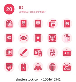 id icon set. Collection of 20 filled id icons included Fingerprint, Passport, Vise, Eye scan, Badge, Fingerprint scan, Signature, ID, Vip pass, Identity