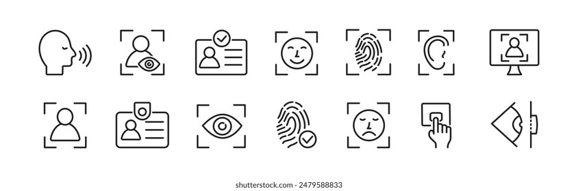 ID icon set. Set of Identity line icons. Document, verification, id card, fingerprint, face, eye scan, sound. Vector.