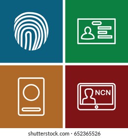 Id icons set. set of 4 id outline icons such as passport, badge