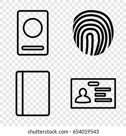 Id icons set. set of 4 id outline icons such as passport, badge