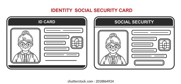 ID identification social security insurance card line icon set. Identity retired person. Document with personal data. Grandmother face. Protection elderly pensioner people, retirement payment. Vector