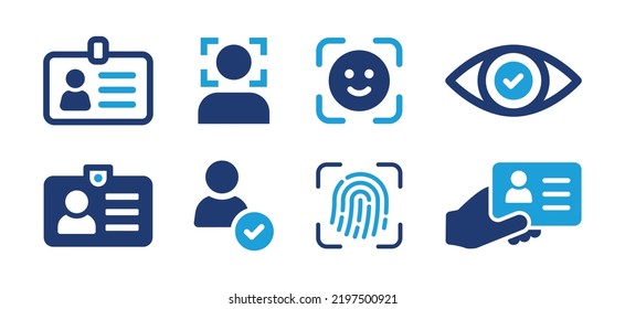 ID - conjunto de iconos de documento de identidad. Contiene iconos de identificación, biométricos, de identificación facial y de exploración ocular. Ilustración vectorial.