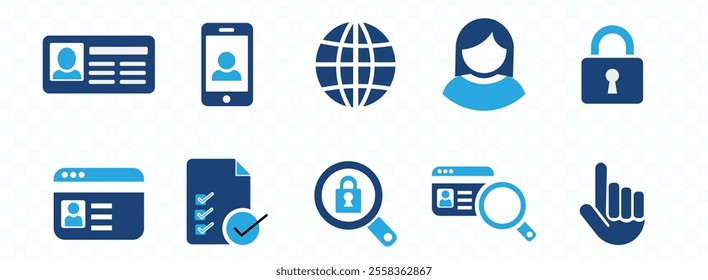 ID - identity document icon set. Containing Id card, biometric, face id and eye scan icons. Vector illustration.