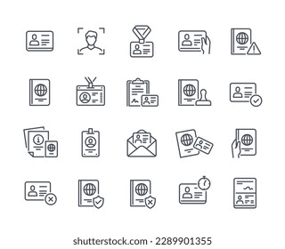 ID line icons set. Identity confirmation and verification. Documents and badge for journalists, ticket. Passport, driving license. Linear simple vector illustrations isolated on white background