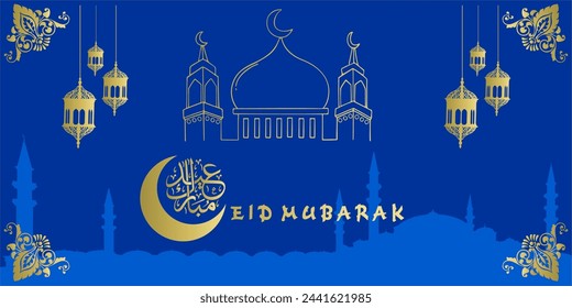 id Mubarak calligraphy with lanterns and floral designs in paper vector art style .Eid mubarak calligraphy with mosque upon moon on turquoise background.