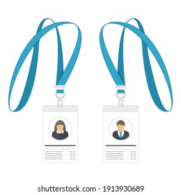 Destitución de nombre vacía con avatar de hombre y mujer. Ilustración vectorial de la plantilla de la tarjeta de identidad. Identificación de plástico blanco en blanco.
