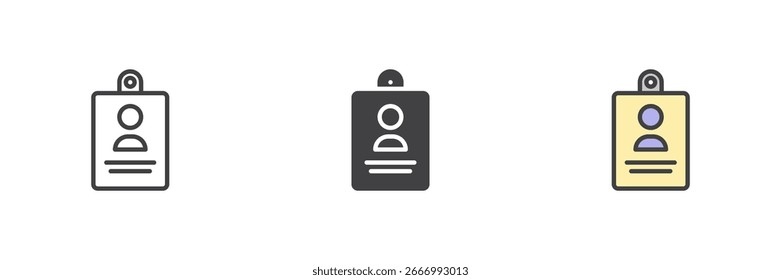 Identificador pase insignia diferente estilo icono conjunto. Línea, glifo y contorno relleno versión colorida, contorno y signo de Vector relleno. Símbolo, ilustración del logotipo. Gráficos de Vector.