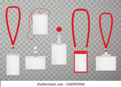 Id plastic cards realistic vector illustrations set. Blank access badges with metal clips isolated on transparent background. Empty identity credentials with red lanyards cliparts collection