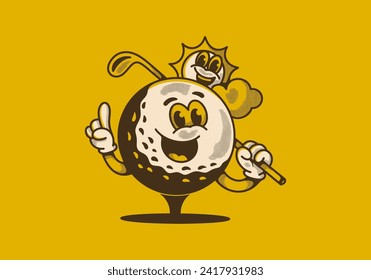 Prefiero jugar golf. Ilustración de un personaje de mascota de época en una pelota de golf sosteniendo un palo de golf